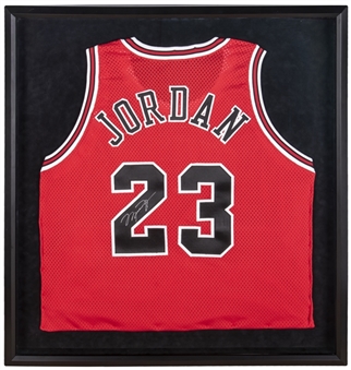 Michael Jordan Signed & Framed 29"x32" Chicago Bulls Road Jersey (Beckett)